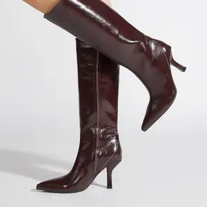 BUSY GIRL CXX181 High Heel Boots Women's Burgundy Patent Leather Knee-high Boots with Side Zipper Pointed Toe Thin Heels Boots