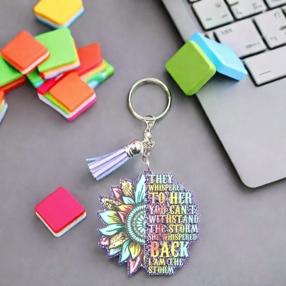 ZSHKH1326 Inspirational Flower Keychain UV Printed Plastic Coin Holder with Stainless Steel Metal Unique Inspirational Design supplier