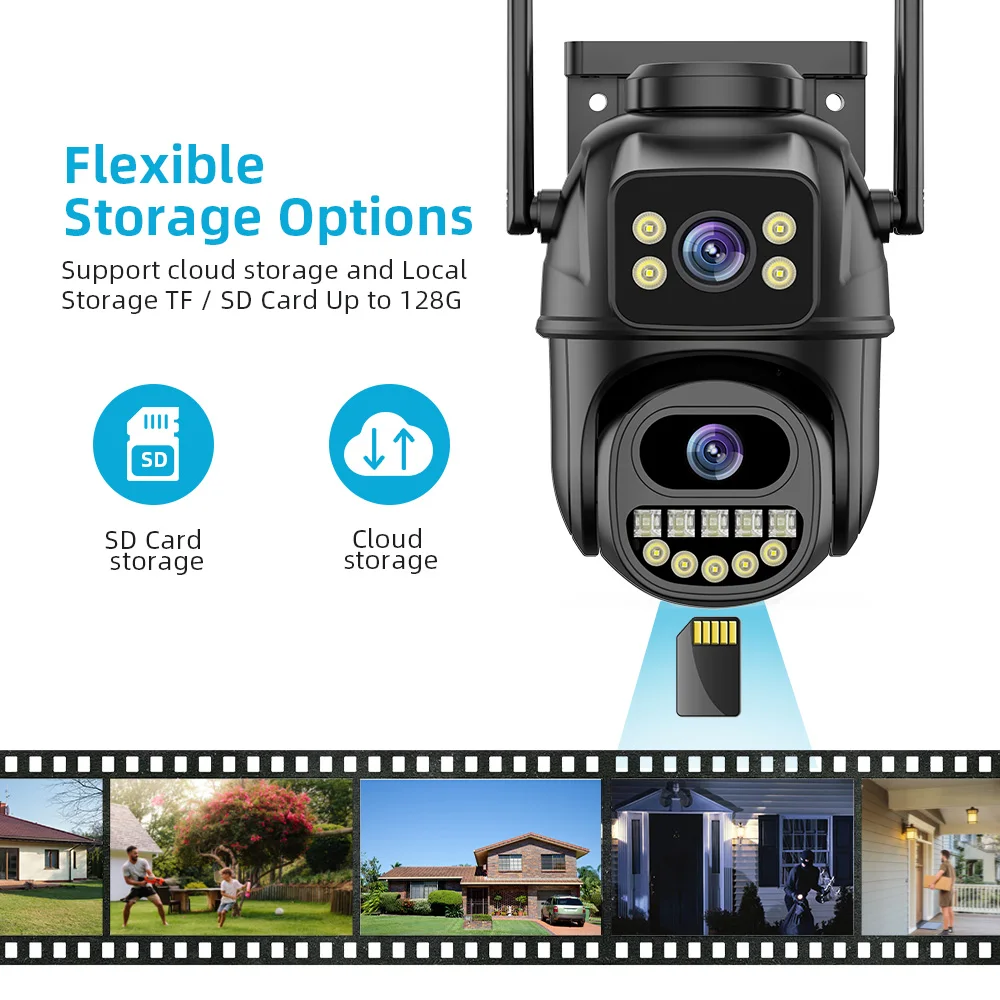 New WiFi CCTV Outdoor PTZ IP Camera With Memory Card Extension Cord  Wireless ICSee Home Security WiFi Dual Lens Camera
