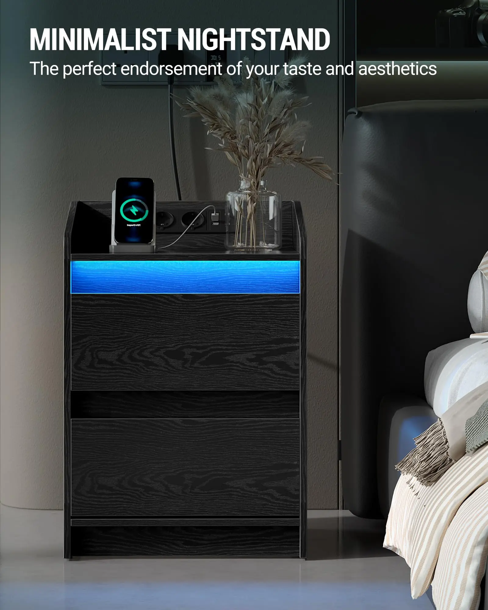 Modern Adjustable Height Bedside Table Ergonomic Wooden Furniture with Hidden Compartment Bedroom Living Room Hotel Apartment