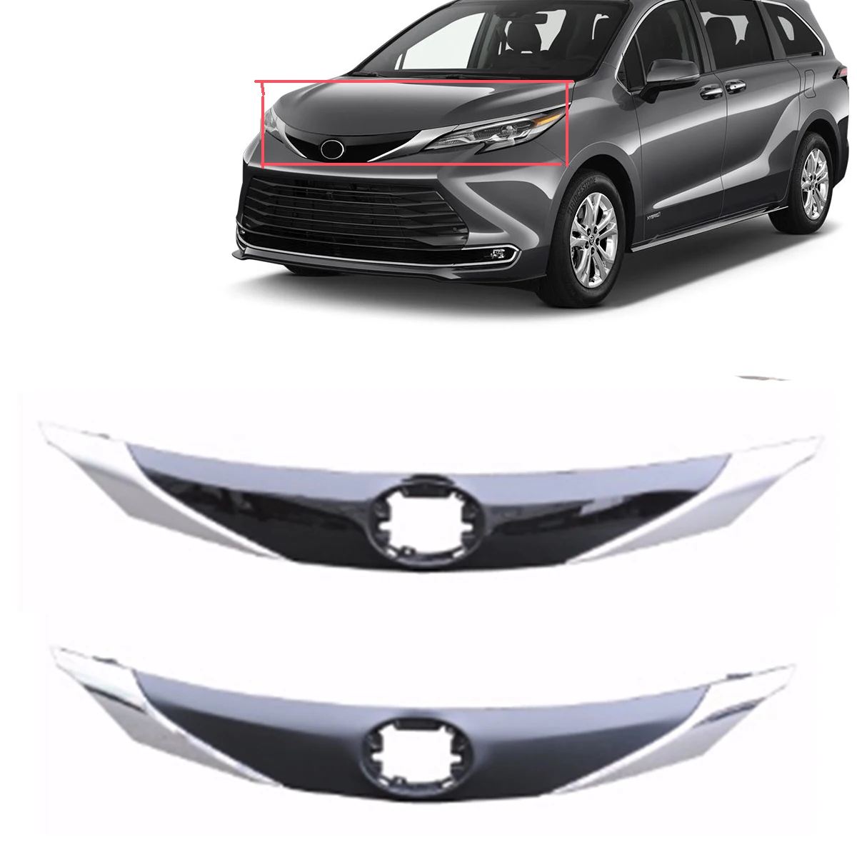 Front Bumper Upper Hood Grill Gloss ABS Black/Silver For 2021-2022 Toyota Sienna