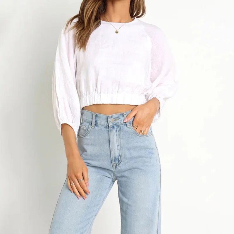 Raglan Sleeve White Linen Crop Tops 