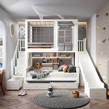 New Style Girl's Bedroom Eco-friendly Wooden Kids Double Bunk Beds  School With Slide Children's Modern White Bunk Beds White