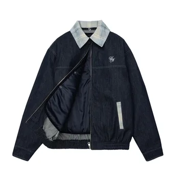 UNBDNS Retro American Contrast Color Stitching Laps Denim Work Jacket Embroidered Hip Hop 6XL for Men Women Same Couple's Top