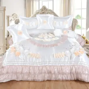 Luxury Wedding Duvet Cover Set 6 Pcs King Size, European Style Satin Bedding with Lace Fringe for Bridal Suite