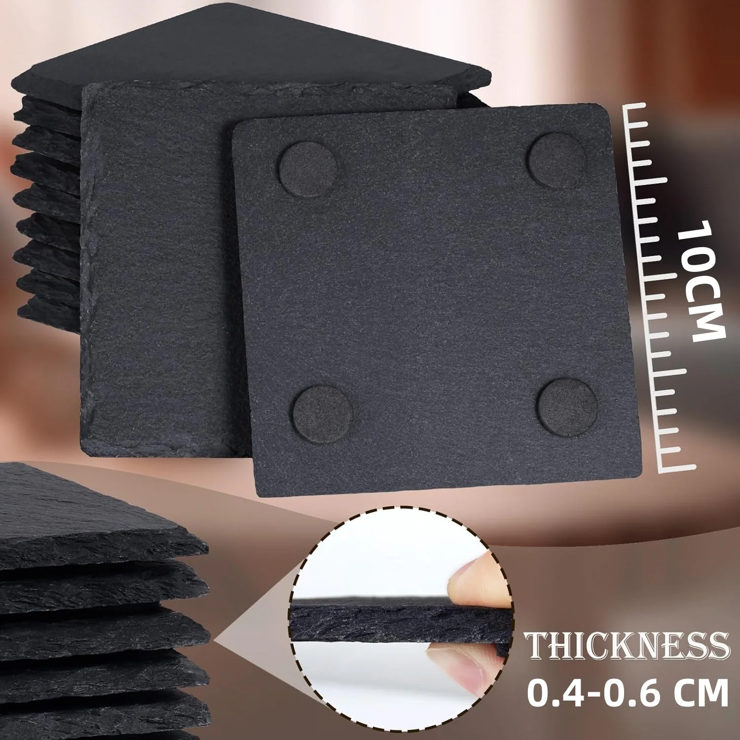 product custom tabletop cup slate mat 4 pieces set 10cm natural black bluestone coasters with bamboo holder for bar restaurant party-2