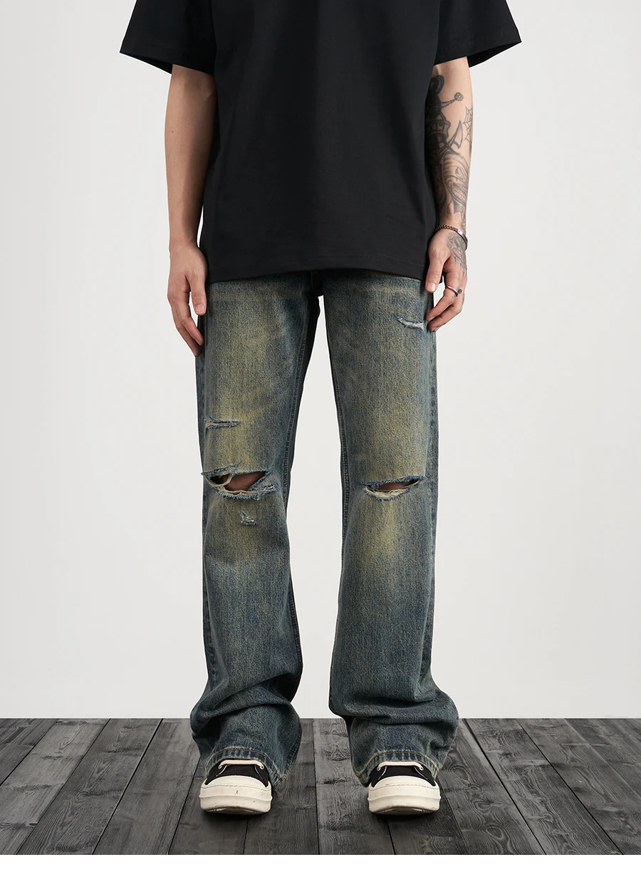 Etichetta personalizzata drop shipping street wear stock baggy produttore uomo blu dipinto impilato jeans denim svasati_voghion.com