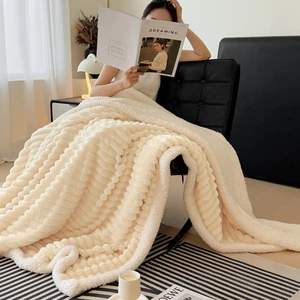 Cozy Solid 2Ply Thick Sherpa Striped Blanket Warm Bed Blanket for Winter for Sofa & Couch