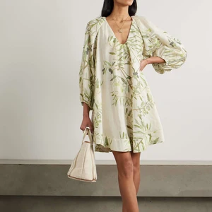 Clothing Design Service Custom Summer Trendy Fashion Women's Green Floral Printed Ladies Elegant Linen Casual Dress