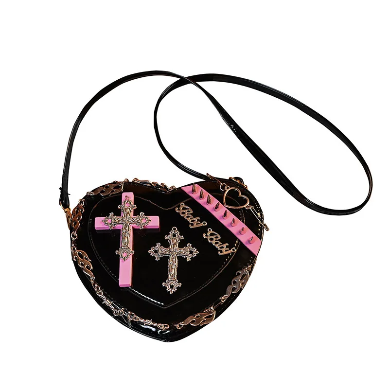 Gothic style women's purse new dark heart-shaped bag rivets punk shoulder bags Heart Shape Goth Purse Y2K Bags