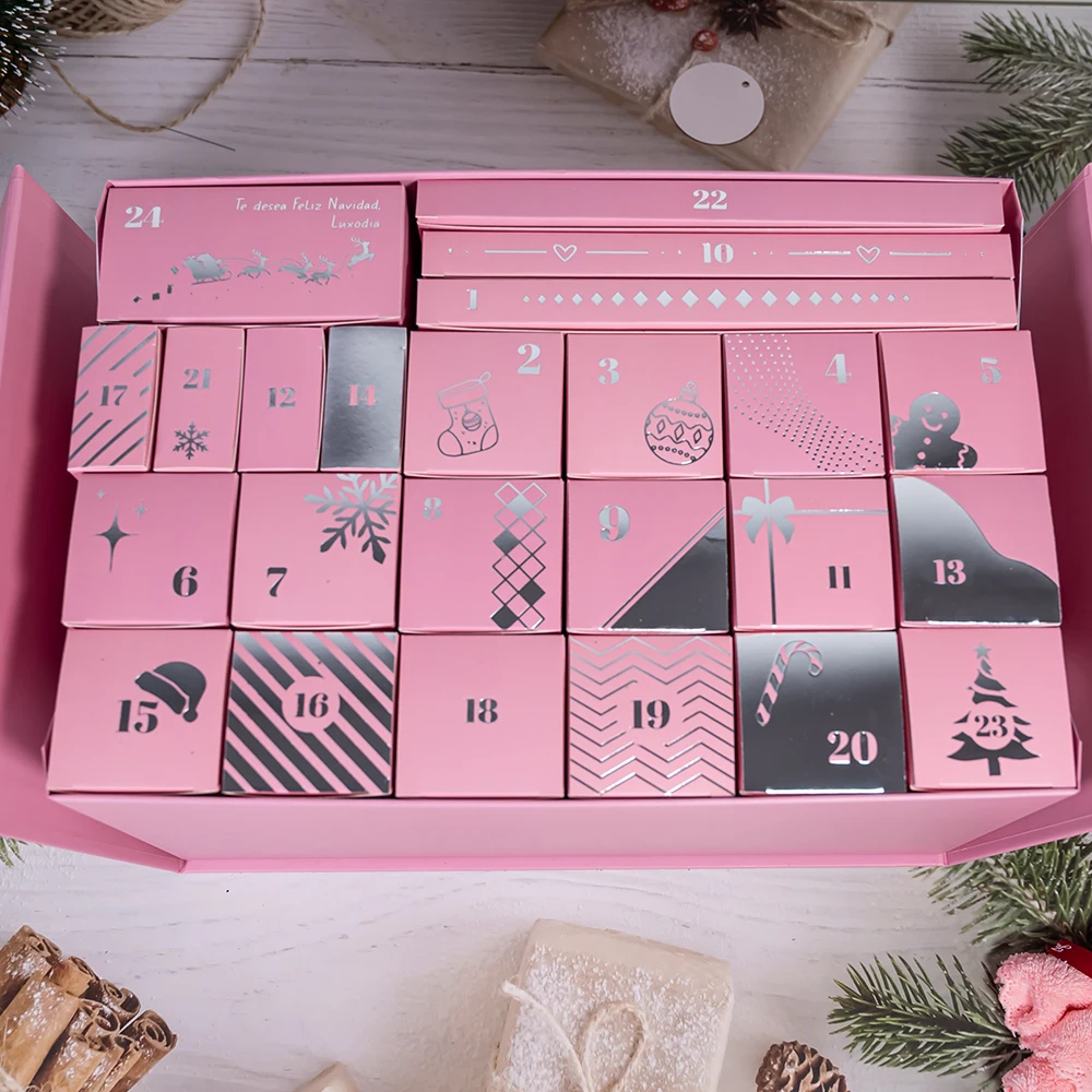 product high end silver stamping customized logo double door valentines day magnetic closure pink calendar blind gift box-6