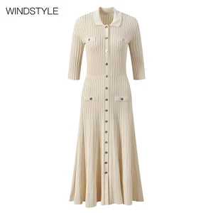 Elegant Lady Single-Breasted Fit Flare Knit Solid Long Dress Polo Collar Three Quarter Sleeves for Women Midi Natural for Spring