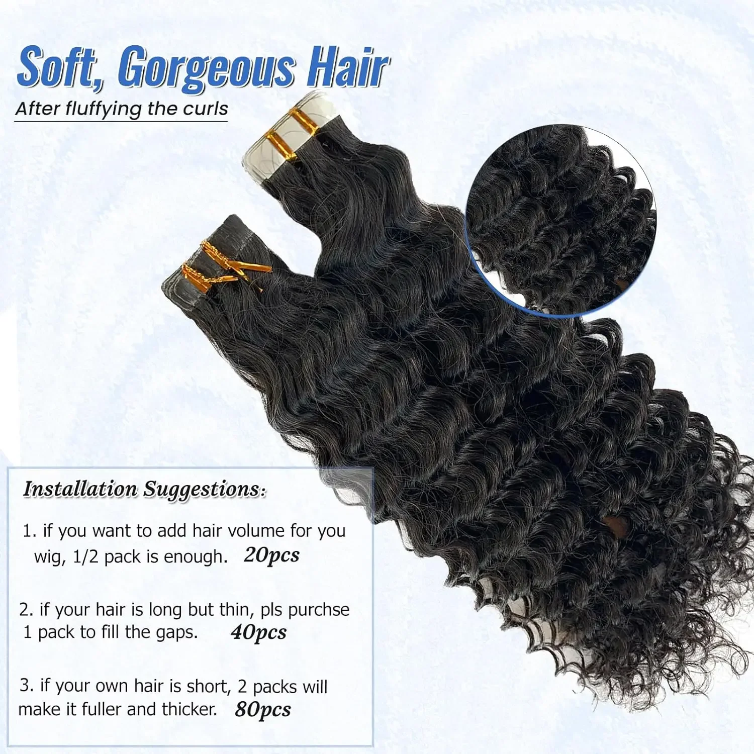 Dybvandsbølge Tape-in hårextensions 100% ægte menneskehår naturligt sømløst naturligt sort usynligt krøllet tape-in til kvinder_voghion.com