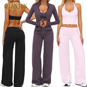 Women Fitness Sports Clothes Long Sleeve Tight Jacket 4 Pieces Set Backless Halter Workout Flared Leggings Set