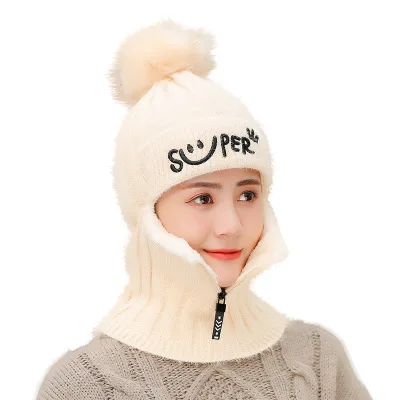 Wool Pom Pom Head Face Mask Hat Women Knit Visor Brim Beanie Skull Cap Face Ear Cover Pom  main image 2