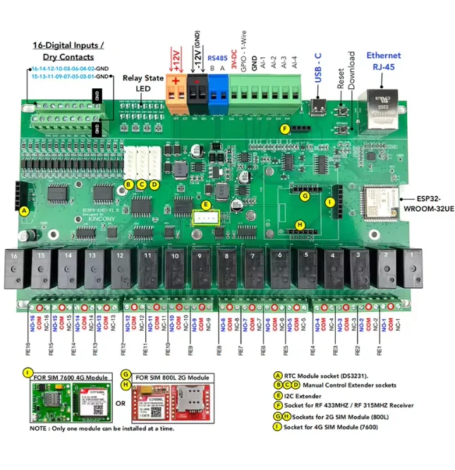 Kc868a16s Esp32 Wifi RS232 USB Ethernet Relay Module ADC DAC RF 433M Temperature Smart Home Automation MQTT