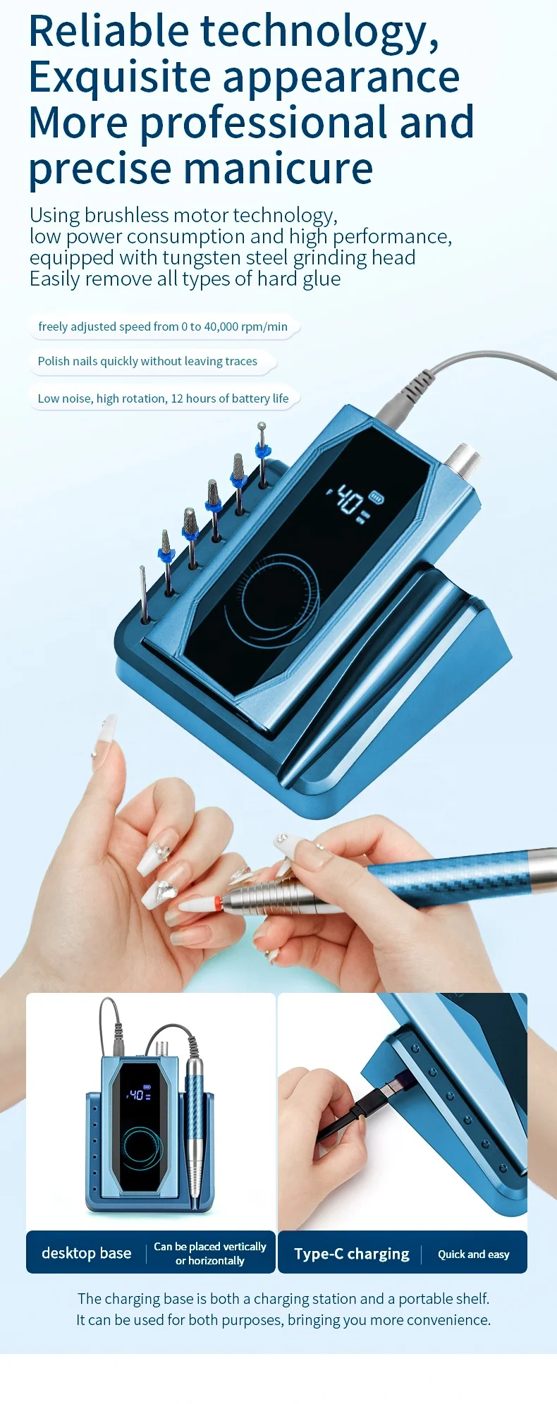 AT-NDB-181 Nail Drill Cordless Electric File Rechargeable Machine for DIY Nail Art Salon and Home manufacture