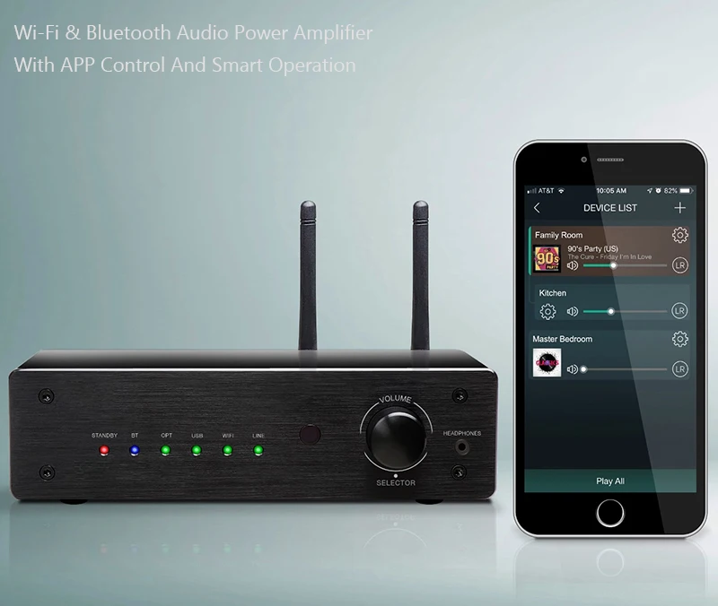 Wireless Audio Amplifier with 2.1 Channel 100W RMS Output and Bluetooth 5.0 Connectivity