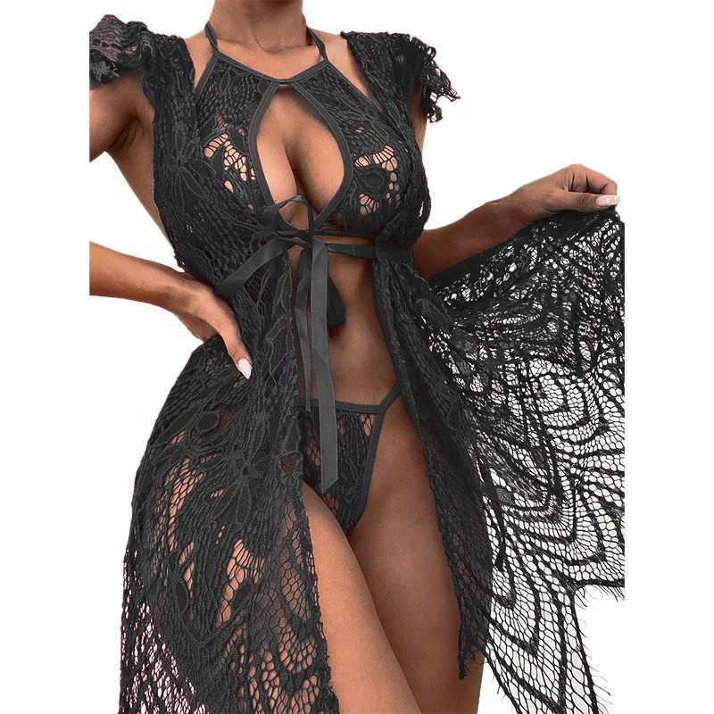 Bata de baño larga de encaje para mujer, ropa de dormir Sexy de malla, bata para mujer, ropa de playa de verano, lencería sexy_voghion.com
