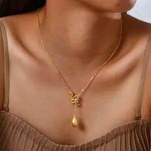 Trendy Jewelry Waterproof 18k Gold Plated Stainless Steel Necklace Snake Water Drop Y Shaped Pendant Necklace for Women