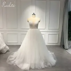 QW01157 Simple Illusion Scoop Neck Beading Lace Wedding Dress Ruffles A-Line Bride Gowns
