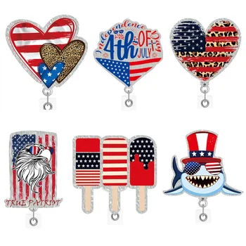 Customized Glitter Acrylic Badge Reel Independence Day July of 4th American Flag Badge Holder Gift Decorations For Office Worker