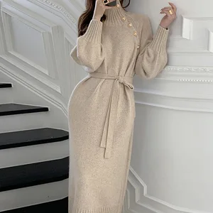 2024 Autumn Winter Vintage Long Sleeve Knitwear Loose Buttoned Turtleneck Sweater Dress Women's Sexy Mid Long Knitted Dresses