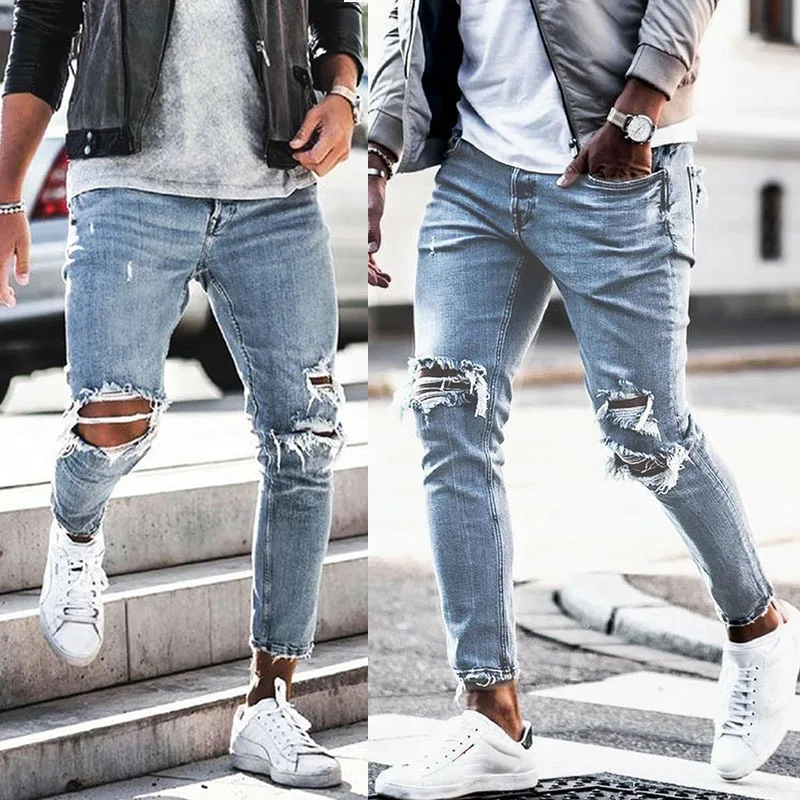 Wholesale Stylish Ripped Jeans Men Light Blue 2021 New Design High Street Style Plus 3XL Washed Hollow Out On Knee Men's Jeans From m.alibaba.com