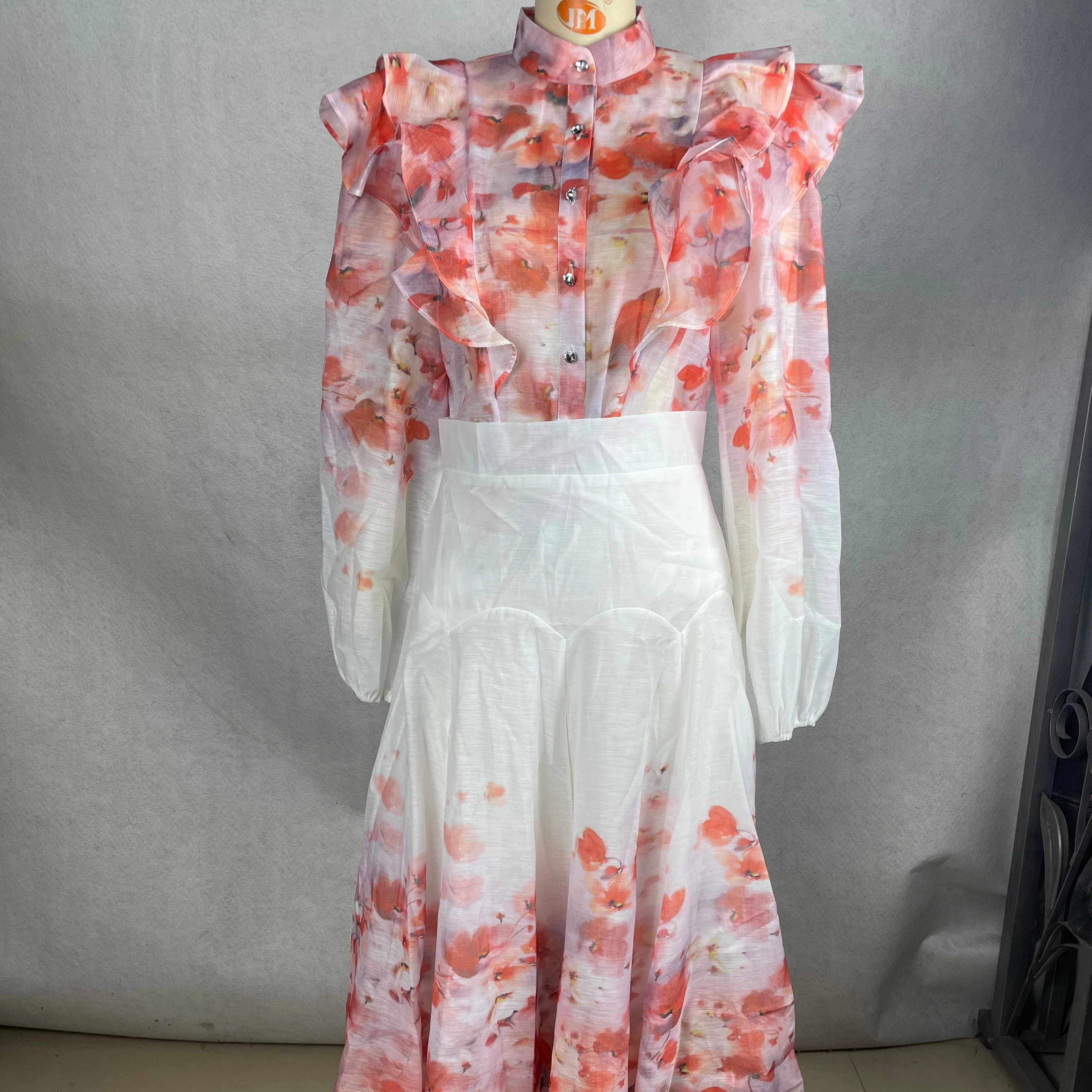 Lady Elegant Semi-transparent Printed Stand Collar Button Decoration Crepe Fabric 2-piece Shorts Set - Image 1