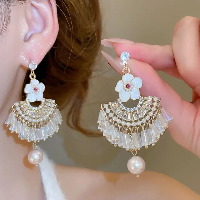 Silver Needle Zircon Oil-Drop Flower Crystal Pearl Tassel Light Luxury High-End Accessories Wholesale Stud Earrings for Women