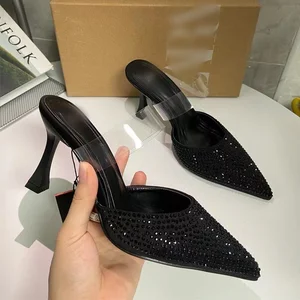 QuiteS 2026 Summer Diamond Shallow Mouth High Heels Black Back Strap Slingback Pointy Heel Sandals Women's Slip on Slippers