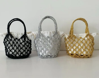 Hollow mesh bag for women's woven bag, portable beach bag, hollow woven handbag, small capacity, shiny women's bag
