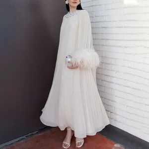 Bettergirl 2025 new High end nail bead ostrich fur sleeve decorative chiffon long dress