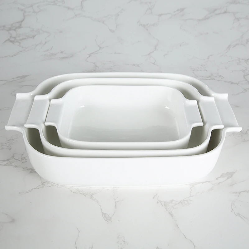 WEIYE 2025 New Arrival Rectangular Durable Porcelain Baking Pan White Ceramic Baking Tray With Handle