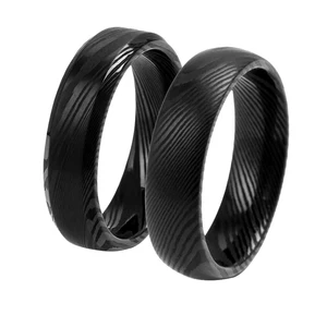 6MM Dome Black Wood Grain Stainless Damascus Steel Gold Plated Handmade Classic Wedding Ring Jewelry