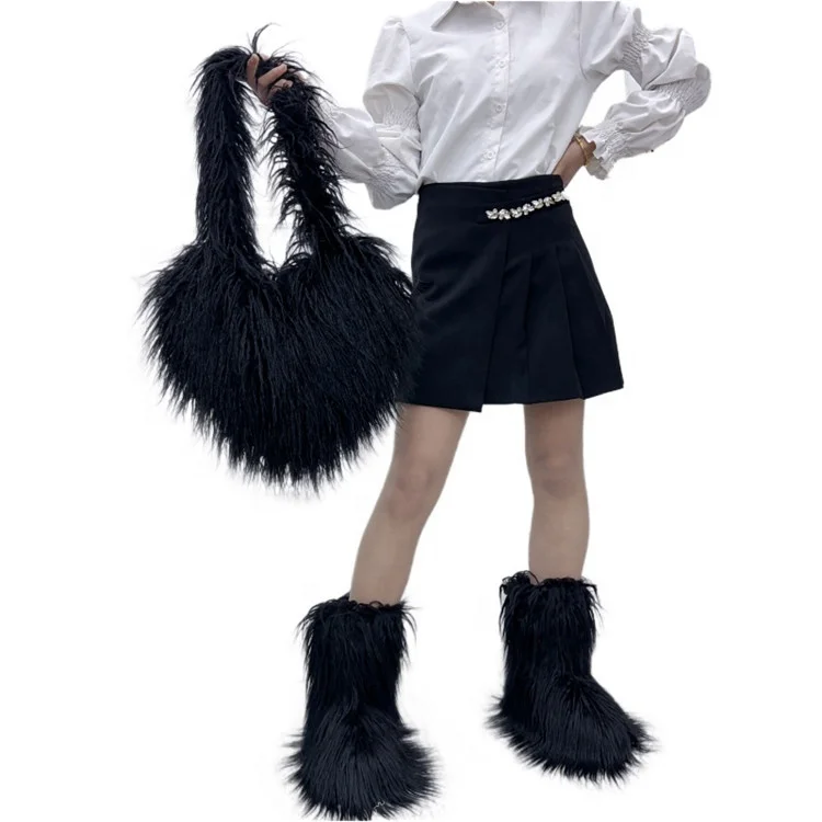 Faux Natural Fur-Ever Mongolian Furry Fur Heart Shape Tote Bags