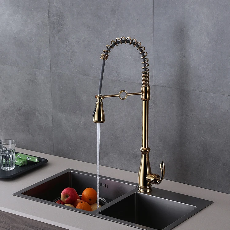 Grifo monomando para fregadero de cocina con resorte extraíble montado en cubierta dorada