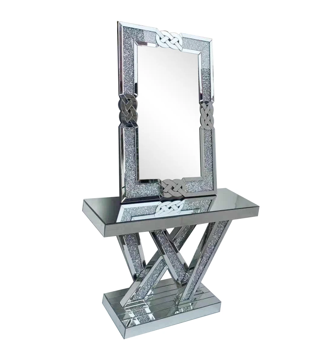 Luxury Gold  Living Room Glass Furniture Table  Mirrored Console Table with LED Wall Mirror