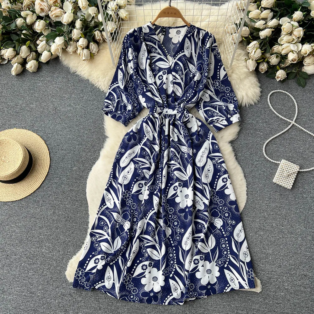 Summer New Floral Mid-sleeve Printed Chiffon V-neck Casual Dress - Buy ...