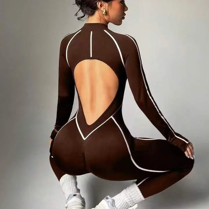 Seamless Contrast Color Stitching Hollow Spaghetti Strap Full Length Jumpsuit Yoga Suit preview