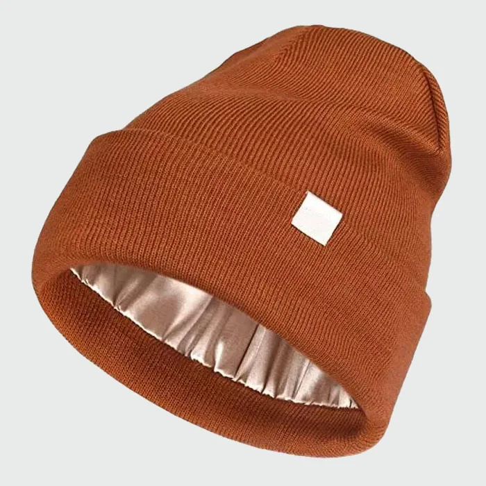 Custom Logo Cotton Knit Beanie With Satin Lined Beanie Silk Inside With