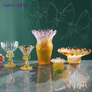 Handmade Art Crystal Glass Ribbon Decor Set Vase Bowl Tray Candy Jar Goblet for Wedding Centerpiece or Home Decoration