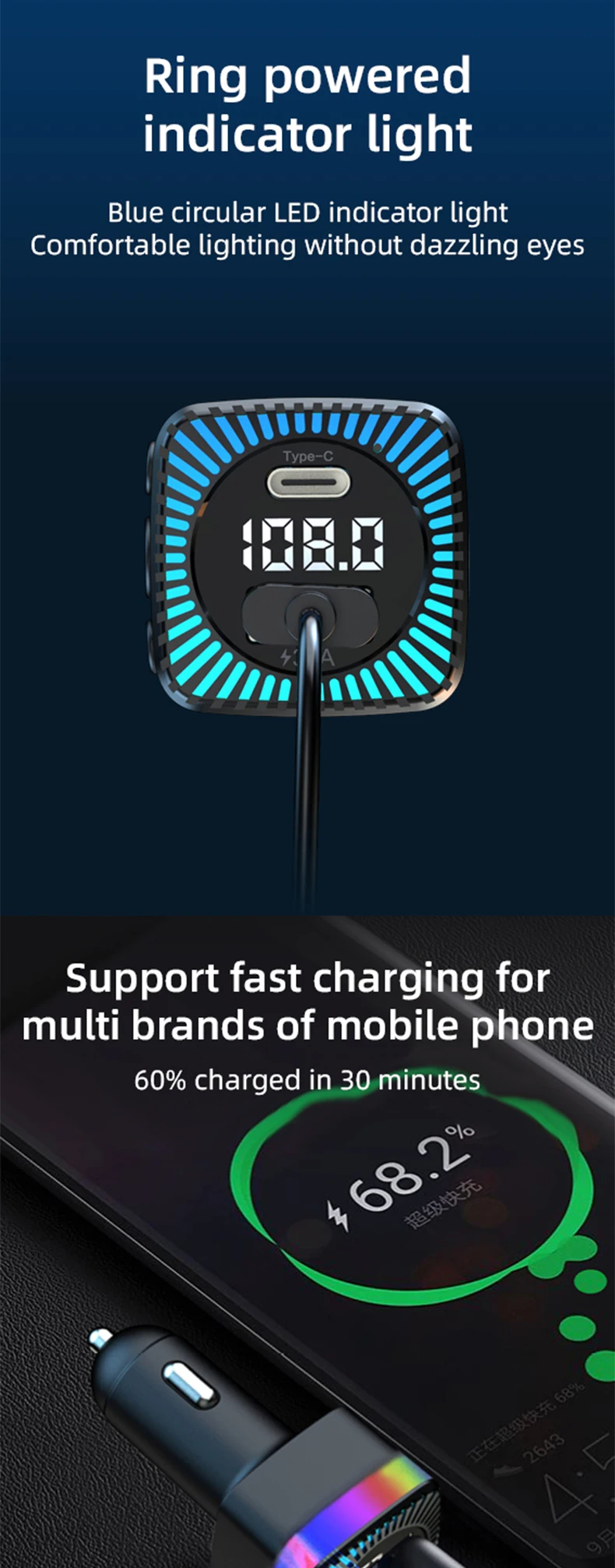 Fm Transmitter Car Mp3 Player U Disk Playback 66w Usb Fast Car Charger