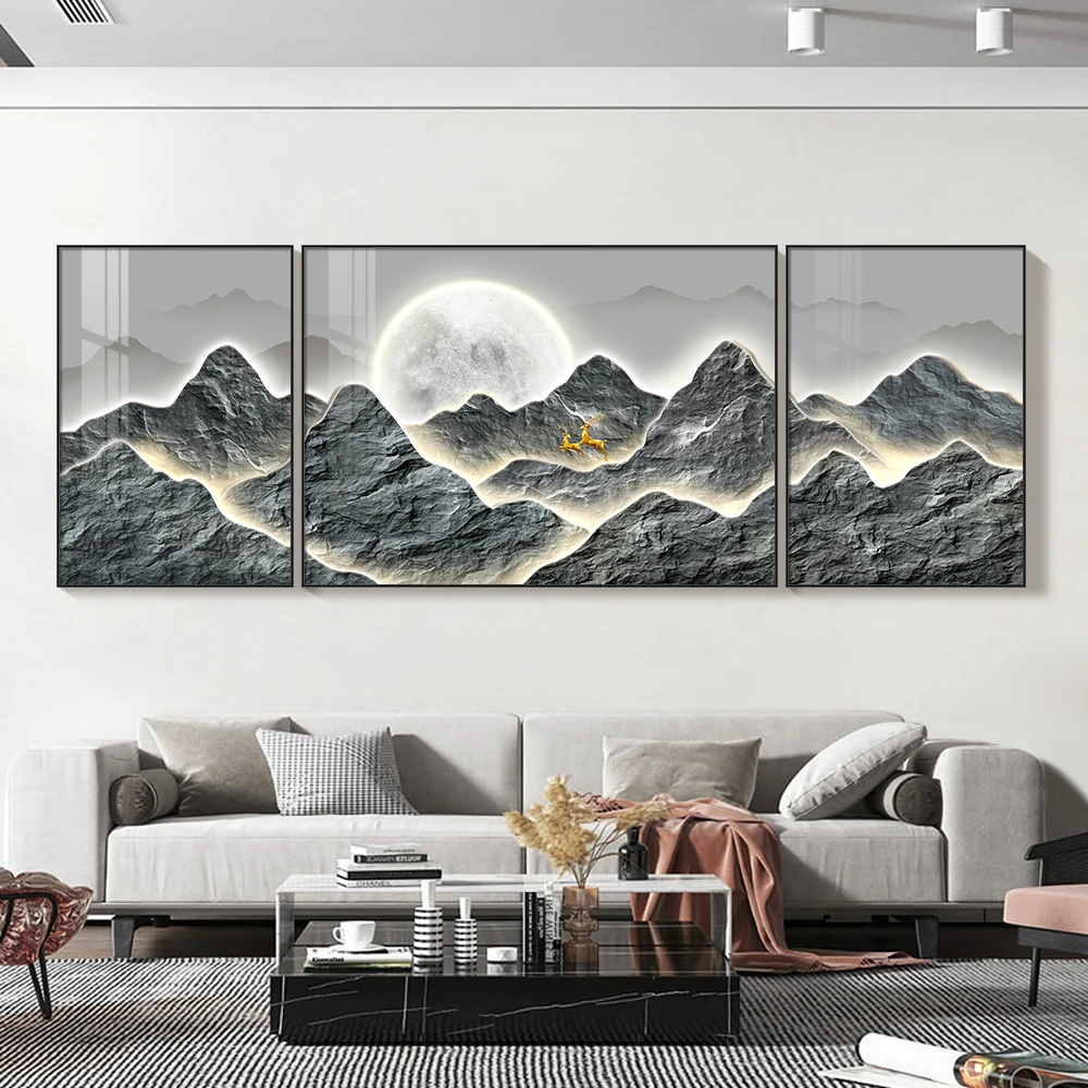 Modern Minimalist Living Room Decorative Painting Light Luxury Mural Landscape Triptych Wall Art Crystal Porcelain Painting