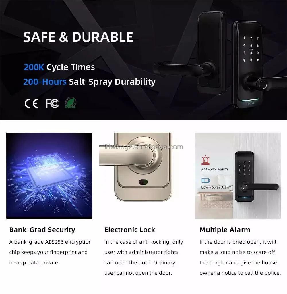 Smart Door Lock with Biometric Fingerprint 200 Capacity MF1 Card Support for 35-75mm Doors 6