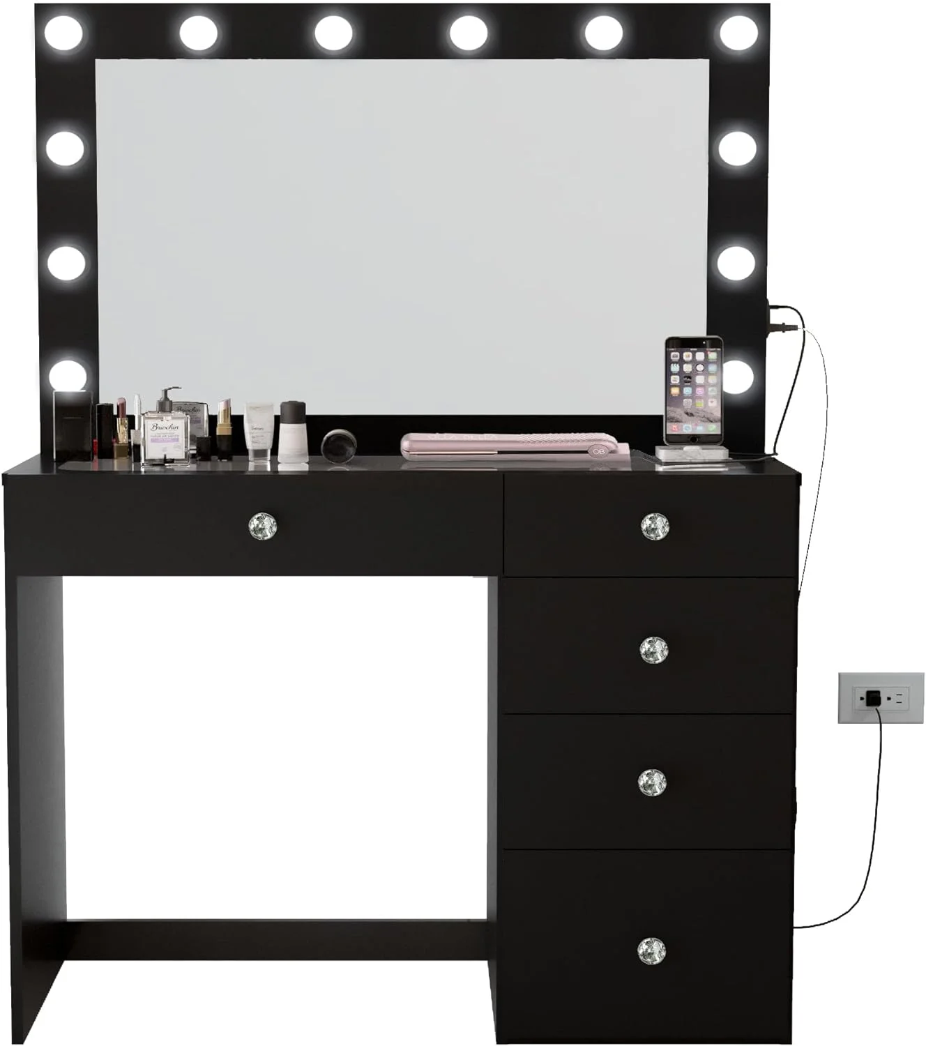 Scrivania Trucco LIMGLIM Con Luci E Grande Specchio - 99.8cm Con 5 Cassetti, 3 Colori LED Regolabili E Prese USB, Vanità Per Camera Da Letto - 2