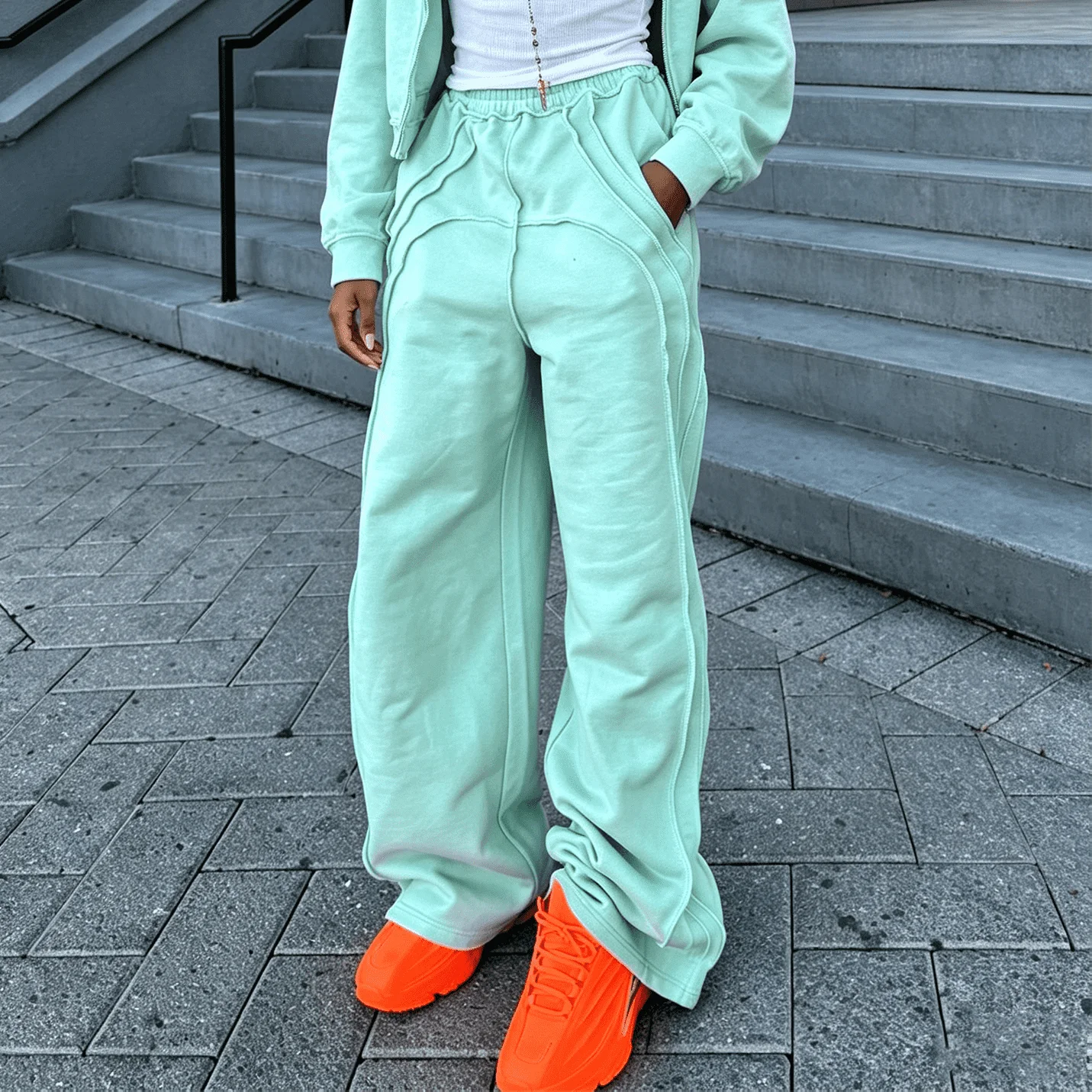 OEM ODM French Terry Cotton Double Waist Sweat Pants Spliced Streetwear Wide Leg Custom Acid Wash Sweatpants Manufacturer gallery 2