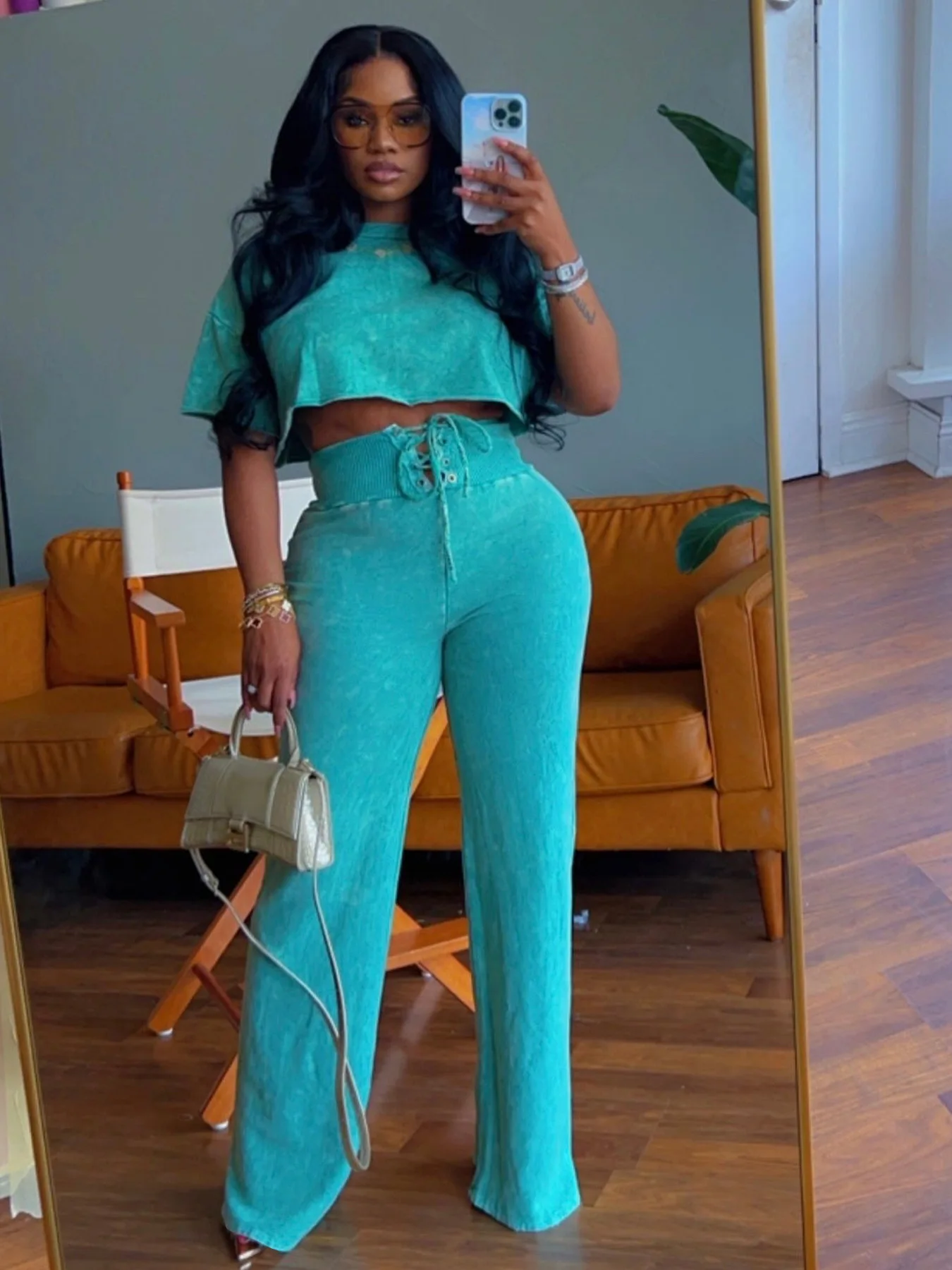 Peeqi TW479 Tie Dye Shirt Tops & Strap Bandage Pants Set