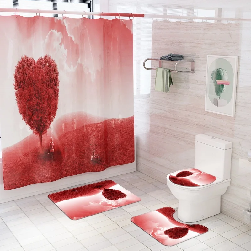 Maxpeuvon Valentine's Shower Curtain Romantic Love Heart Tree Shower Curtain Pink Bathroom Decor Happy Valentine's Day Red Shower Curtain Set With Hooks 72x72 Inch Waterproof Durable