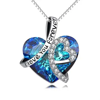 Custom Girlfriend Heart Of Ocean Blue Crystal Pendant Diamond Necklace Jewelry Women